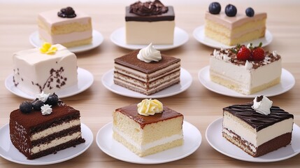  Different slices of cakes set, assorted flavors and designs on a white background.