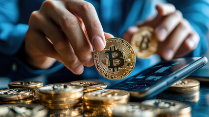 Transferring Bitcoin using smartphone, showcasing cryptocurrency transactions. image highlights growing trend of digital finance and investment