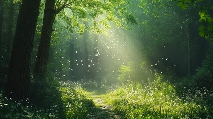 Obraz premium Sunbeams in a Misty Forest