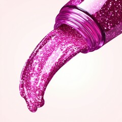 A vibrant close-up of a bottle pouring shimmering pink glitter, creating a playful and whimsical atmosphere.