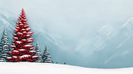 Snowy landscape with red trees and skiers.
