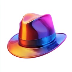 Fototapeta premium A vibrant, glossy fedora hat showcasing a stunning gradient of purple, blue, and orange hues.