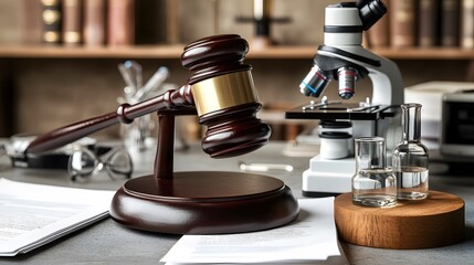 A gavel and microscope on a desk, symbolizing law and science integration.