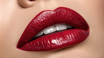 Obraz premium This closeup portrait emphasizes a warm ruby red lip shade. The lower lip is lightly bitten creating a sense of tension and intrigue while the glossy finish enhances the overall