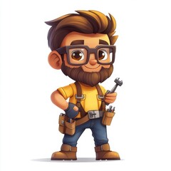 A cheerful young Caucasian male cartoon character with glasses, wearing a tool belt and holding a wrench, ready for work.