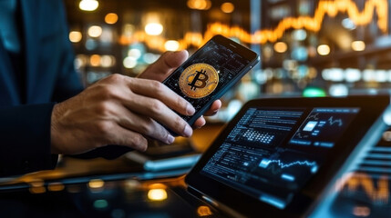 person using smartphone to transfer Bitcoin while analyzing data on tablet. background features financial charts and graphs, creating modern digital finance atmosphere