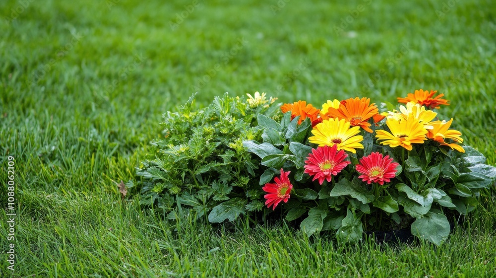 Poster brightly colored flowers thrive in a green meadow under the warm sun, creating a lively display of n