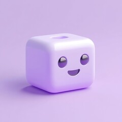 A cute, smiling purple block character with a playful expression on a soft lavender background, exuding whimsy.