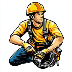 A focused young male construction worker in a yellow helmet and gloves, kneeling while coiling wire. 