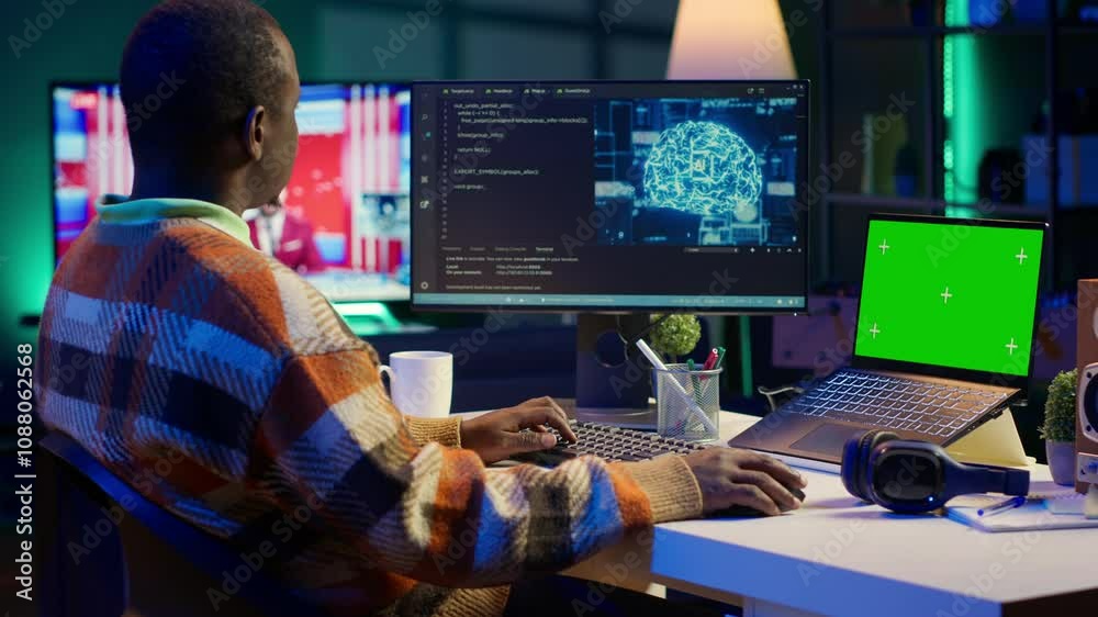 Poster african american man using ai to develop a software system with chroma key on pc, cloud computing. m
