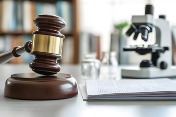 A gavel and microscope on a table, symbolizing justice and scientific inquiry.