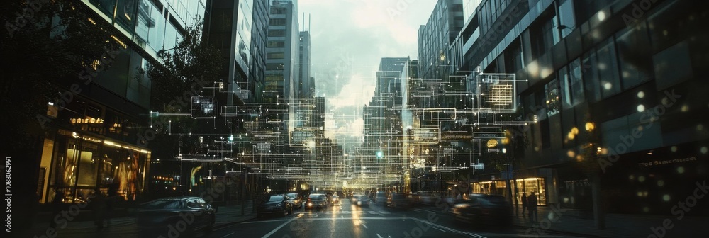 Poster the urban landscape features ai networks connecting innovative buildings, bustling with activity in 
