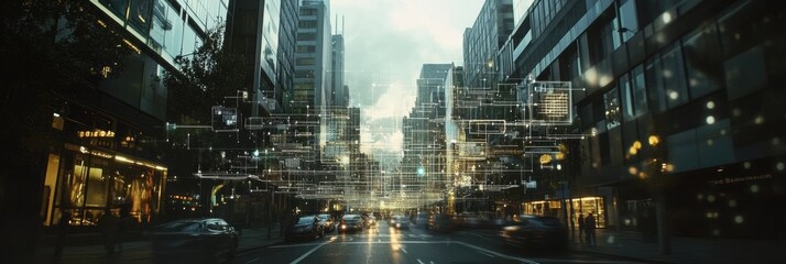 The urban landscape features AI networks connecting innovative buildings, bustling with activity in twilight's glow. Generative AI