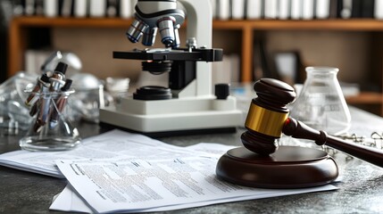 A gavel and microscope on documents, symbolizing the intersection of law and science.