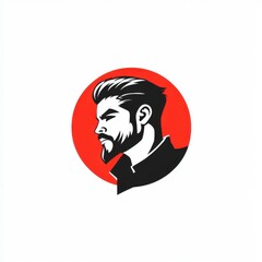 Stylized profile of a man with a beard and stylish haircut against a red backdrop.