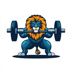 A powerful, muscular lion with a vibrant mane lifts a heavy barbell, showcasing strength and determination.
