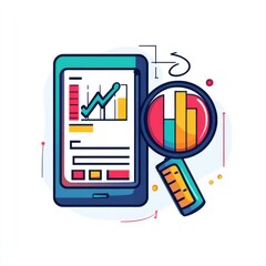 Obraz premium Colorful digital analysis concept featuring a smartphone with graph visuals and a magnifying glass.