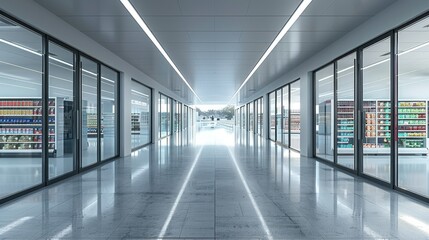 Fototapeta premium Modern, bright corridor with glass walls showcasing retail shelves stocked with various products.