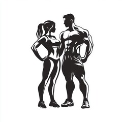 Fototapeta premium A muscular man and woman stand confidently facing each other, embodying strength and fitness in a powerful silhouette.
