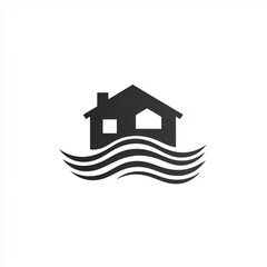 Fototapeta premium A minimalist black house icon surrounded by stylized waves, symbolizing flooding or water-related hazards.