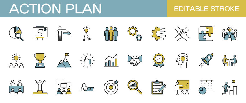 Action plan line color icon set. Containing business, planning, schedule, strategy, analysis, tasks and goal. Editable stroke