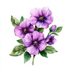 Beautiful watercolor painting of purple flowers with lush green leaves, showcasing their delicate beauty.