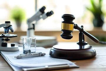 A gavel rests on legal documents alongside scientific equipment, symbolizing justice and inquiry.