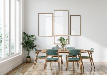 Minimalist dining room interior design with wooden table, chairs, and four empty frames on the wall