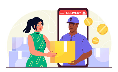 Woman with online delivery. Young girl receives box from smartphone. Online shopping and electronic commerce. Courier and client. Flat vector illustration