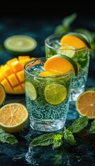 Fototapeta premium Refreshing summer drink with lime and mango. Perfect for showcasing summer cocktails, beverages, or fresh fruit.