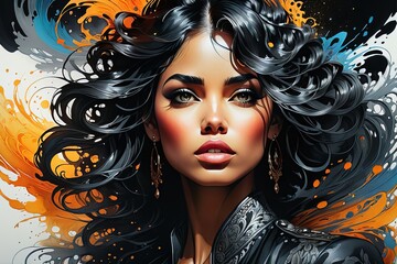 Artistic representation of a woman with radiant skin and striking eyes, framed by colorful paint, ideal for creative projects, fashion campaigns, and visual storytelling.