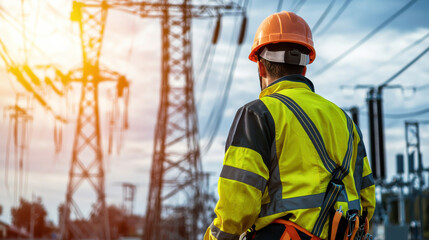 worker in safety vest and helmet observes power lines at sunset, showcasing importance of electrical engineering and safety in field