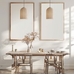 Minimalist dining room interior with wooden table, chairs, and two square frames on the white wall, decorated with dried flowers in a vase