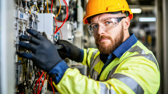 focused electrical engineer in safety helmet works on machinery, showcasing expertise and precision in technical environment