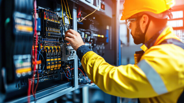 electrical engineer working on control panel, wearing safety helmet and yellow jacket, focused on wiring and connections in modern facility