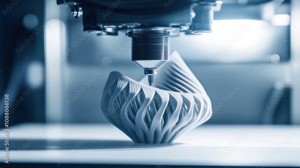 Poster A close-up of a high-resolution 3D printer nozzle, in the midst of creating a complex model, Additive manufacturing style