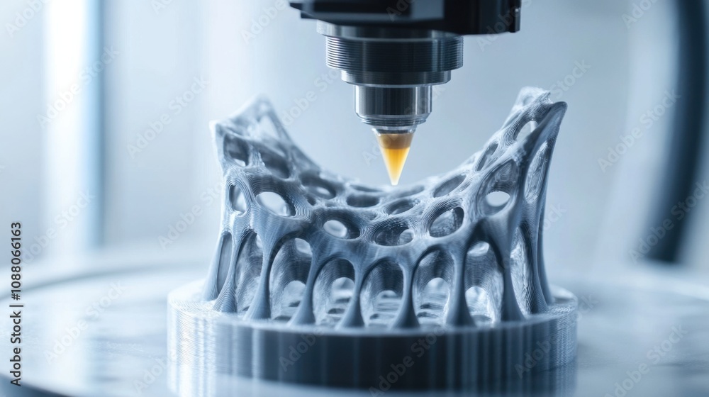 Poster a close-up of a high-resolution 3d printer nozzle, in the midst of creating a complex model, additiv