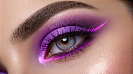 Obraz premium This portrait focuses on an eye featuring neon violet eyeshadow expertly blended to perfection. The glowing inner corner creates a breathtaking luminosity drawing attention to the