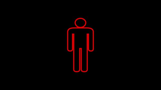 Toilet or bathroom sign. Pointer to the toilet or bathroom. Male gender neon sign, Man sign animation, effect on the black background