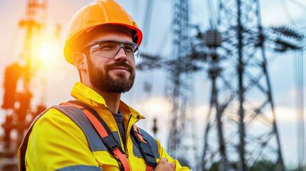 confident electrical engineer in safety helmet and glasses stands proudly at power station, surrounded by high voltage towers