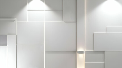 Fototapeta premium Modern white wall with recessed lighting and rectangular panels