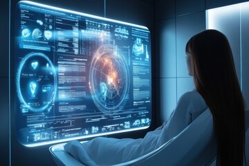 A person engages with an interactive mirror that analyzes hair health and provides personalized AI recommendations in a sleek environment. Generative AI