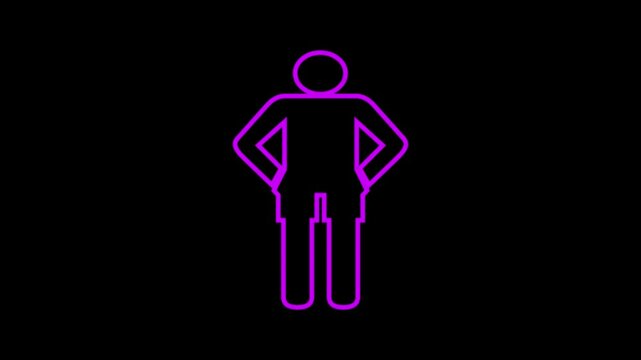 Toilet or bathroom sign. Pointer to the toilet or bathroom. Male gender neon sign, Man sign animation, effect on the black background
