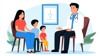 Obraz premium A doctor explains health information to a mother and her two children in a friendly, colorful medical setting.