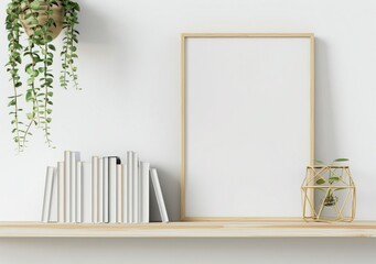 A simple white shelf with a wooden frame, a stack of books and a hanging plant against a white wall