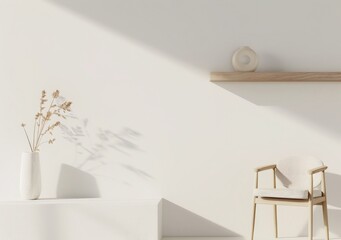 A minimalist living room with a wooden chair, a vase with dried flowers, and a wooden shelf with decorative objects against a white wall