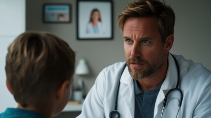Fototapeta premium A doctor speaking with a young boy in a medical office, showcasing a caring interaction.