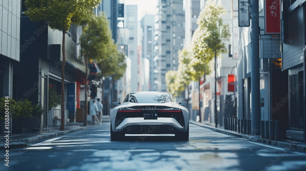 Poster a self-driving car maneuvers through a bustling urban street, guided by sophisticated onboard ai sys
