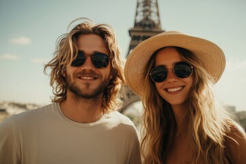 Fototapeta premium A joyful couple smiling near the Eiffel Tower on a sunny afternoon, enjoying a relaxed moment together in Paris