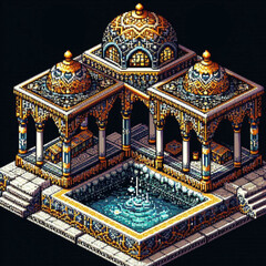 isometric pixel art desert decorative courtyard pool
